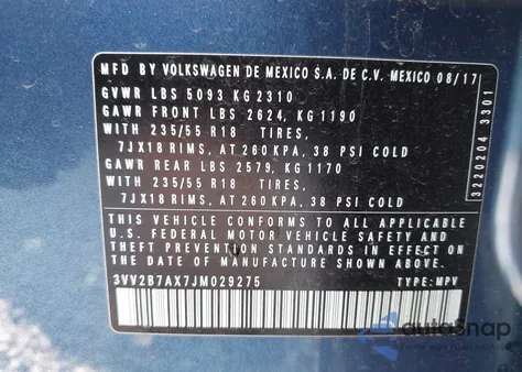 2018 Volkswagen Tiguan Se/Sel from USA, damaged, VIN 3VV2B7AX7JM029275